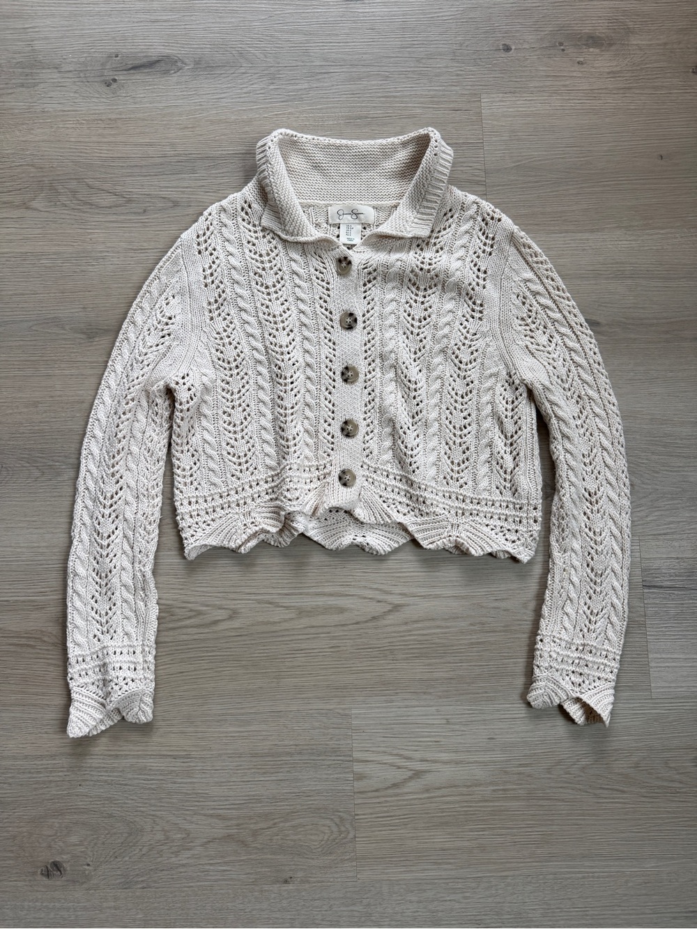 Jessica Simpson Cream Pointelle Cable Knit Cropped Cardigan Women’s S Boho